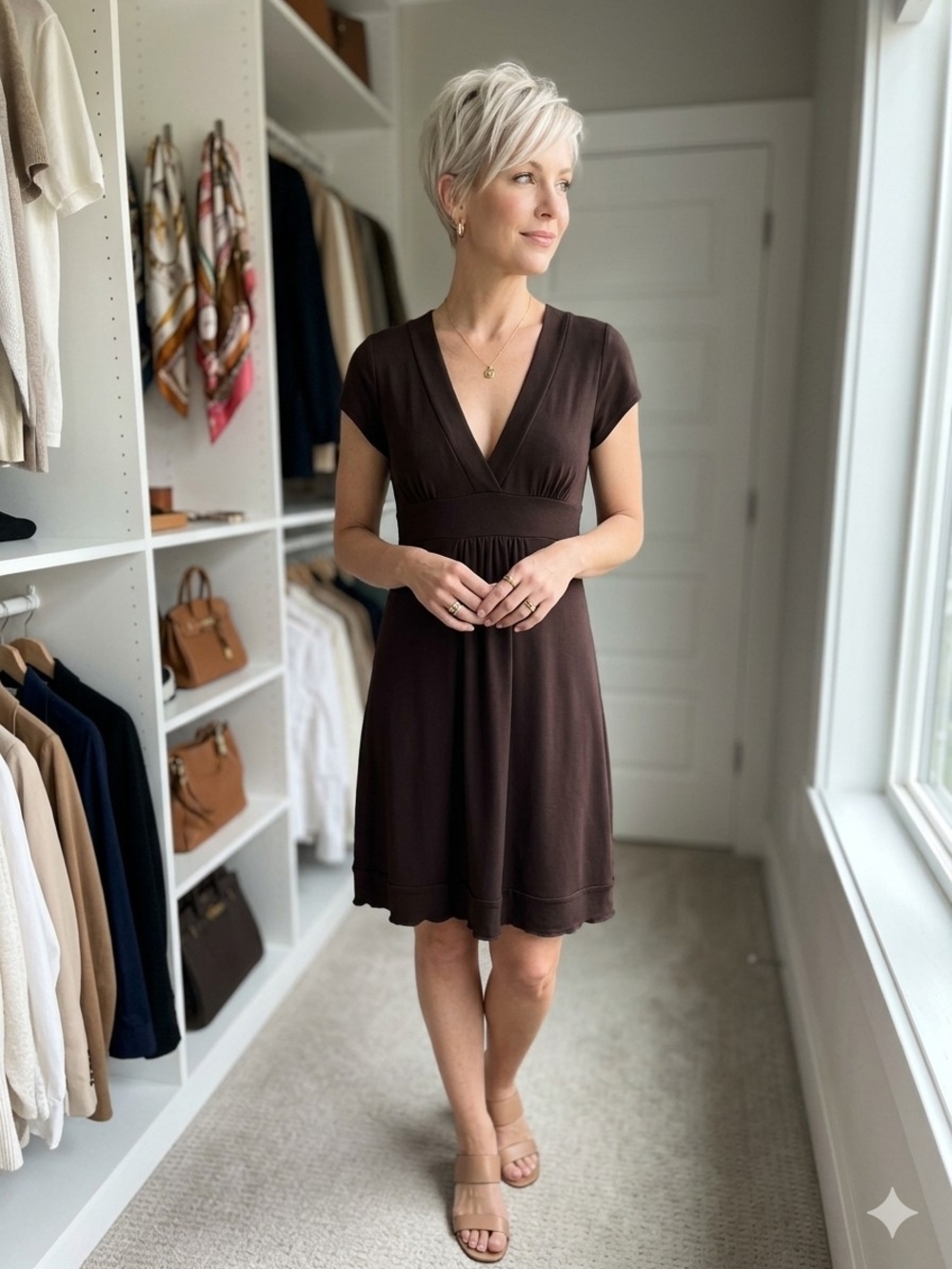 Body Central Chocolate Brown V-Neck Short Sleeve Midi Dress